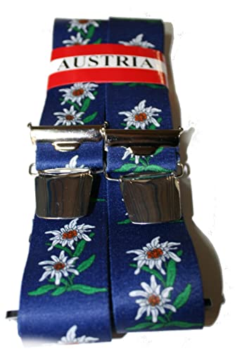 EDELWEISS Hosenträger aus ÖSTERREICH - AUSTRIA - WIEN - - im EDELWEISS-Design - 35mm Breit in H-Form mit 4 extra starken Clips UNI/Edelweiß grell-blau P-013 von EDERER