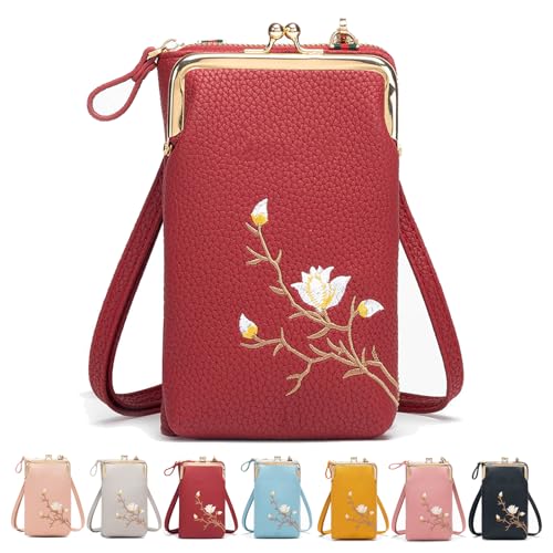 Generisch Indefinitet/Declrationun Women Sling Cross, Rowgins Embroidered Leather Crossbody Purse with Mobile Cell Phone Holder (Red) von Generisch
