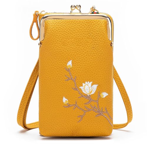 Generisch Indefinitet/Declrationun Women Sling Cross-Body Wallet, with Mobile Cell Phone Holder, Embroidered Leather Crossbody Purse (Yellow) von Generisch
