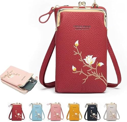 Generisch Indefinitet Damen-Umhängetasche mit Schulterriemen, Declrationun bestickte Leder-Umhängetasche, Handtaschen für Mobiltelefone mit Kartenfächern für Reisen (Rot) von Generisch