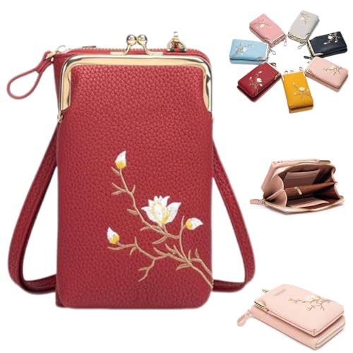 Generisch Indefinitet Women Sling Cross-Body Wallet with Mobile Cell Phone Holder, Leather Passport CrossBody Purse Bags (Red) von Generisch