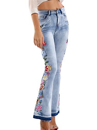 Generisch JIER Damen Blumen Stickerei Slim Fit Schlaghosen Hohe Taille Breites Bein Flared Pants Skinny Retro Stil Boyfriend Schlagjeans Lockere Hosen Jeanshosen Große Größe (Blau 1,3XL,3XL) von Generisch