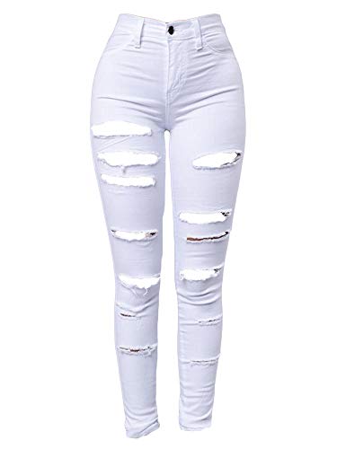 Generisch JIER Damen Jeans mit Löchern Zerrissene Skinny Jeanshosen High Waist Slim Stretch Straight Hosen Slim Fit Stretch Stylische Boyfriend Jeans mit Löcher Hosen (Weiß,L,L) von Generisch