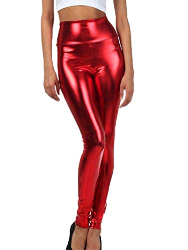 Generisch JIER Damen Mode Kunstleder Legging Hose Look Shiny Metallic Schwarz Hohe Taille Sexy Skinny Pants,Night Out,Party,Elastisch Enge Hosen (Rot,S) von Generisch