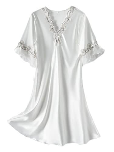 Generisch JIER Damen Nachtwäsche Sexy Negligee V Ausschnitt Nachtkleid Rüschen Kragen Lounge Wear Nachtkleid Nachthemd Negligee Sleepwear Sommer Nachthemd (Weiß,L,L) von Generisch