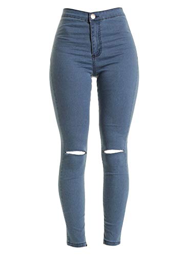 Generisch JIER Damen Skinny High Waist Destroyed Jeans Röhrenjeans Bleistifthose Bleistift Hose Hohe Taille Jeanshosen mit Löchern Jeanshose Hosen Pants (Blau,XL,XL) von Generisch