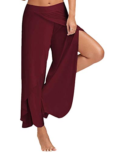 Generisch JIER Damen Weites Bein Yogahosen Hose Lose Lange Stretch Trainingshose Fitness Freizeit Sport Yoga Pilates Weich Hosenrock Elegant Freizeithosen Pants (Weinrot,M,M) von Generisch