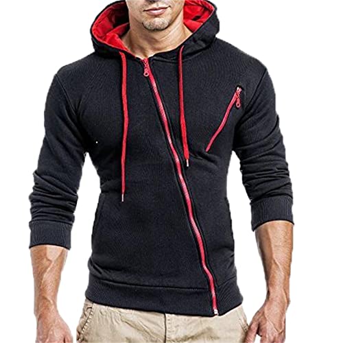 Generisch JIER Herren Hoodie Slim Fit Jacke Kapuze Hoodie Schräger Reißverschluss Sweatshirt Langarm Leicht Sweatjacke Kapuzenpullover Oversize Kapuzenpulli (Schwarz,L,L) von Generisch