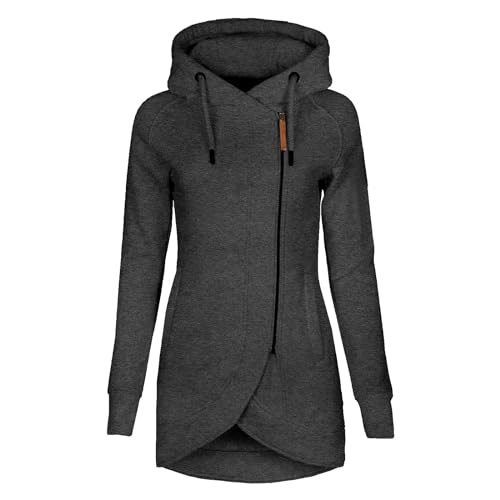 Generisch Jacke Damen, Women'S Winter Warm Thick Plüsch Gefüttert Hooded Drawstring Unregelmäßige Design Reißverschluss Mäntel Winterjacke Damen Lang Mantel Beige Leichter (S, Dunkelgrau) von Generisch