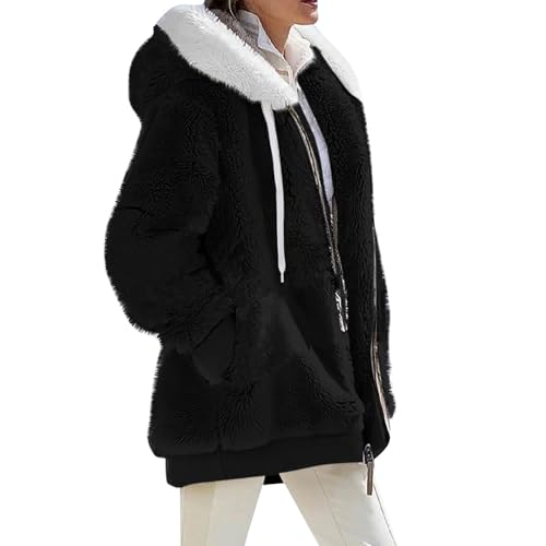 Generisch Jacke Damen Herbst Übergangsjacke Damen Oversize Elegant Herbstmantel Parka Kapuzenjacke Dicke Mit Kapuze Outdoorjacke Flauschig Plüschjacke Thermo Kleidung 11#schwarz 5XL von Generisch