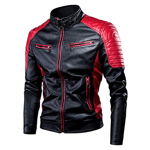 Generisch Jacke Herren, Lederjacken Frühling Und Casual Langarm Solid Color Stand Zipper Lederjacke Top-Jacken Winterjacke Baseball 164 Motorradjacke Retro Hybridjacke 36 Schwarz L (L, Red) von Generisch