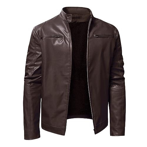 Generisch Jacke Herren, & Kunstleder Männer Übergangsjacke Casual Klassisch Lederjacke Mit Reißverschluss Herren Fliegerjacke Winter Leder Jacken Biker Leather Jackets (XL, Braun) von Generisch