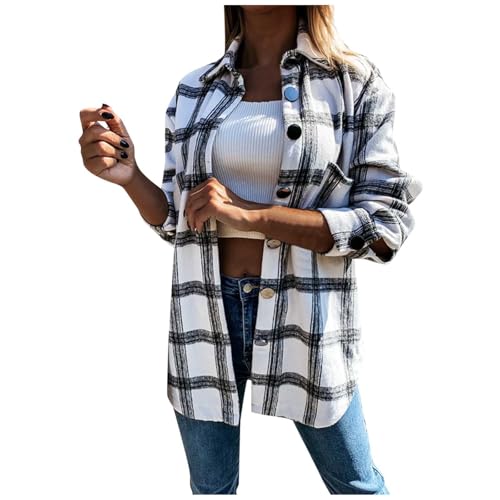 Generisch Jacke Kariert Damen - Fleece Hemdjacke Female Jacke Karo Lange Ärmel Winter Übergangsjacke mit Taschen Knopfleiste Revers Mantel Plüsch Blusenshirt Oversize Karierte Bluse Damen Hemdjacke von Generisch