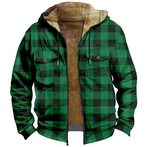 Generisch Jacken, Herren Kariert Warm Wattiert Jacke Holzfällerhemd Atmungsaktiv Dicke Vintage Plaid Freizeitjacke Winter Herbst Mit Kapuze Teddyfleece Karo Holzfellhemd (4XL, Grün) von Generisch