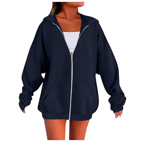 Generisch Jacken Große Größen Damen Damen Sweatjacke 2025 Oversize Full Zip Kapuzenjacke Einfarbig Herbst Übergangsjacke College Style Casual Freizeit Bequem Kleidung Teenager Mädchen,Marine,L von Generisch