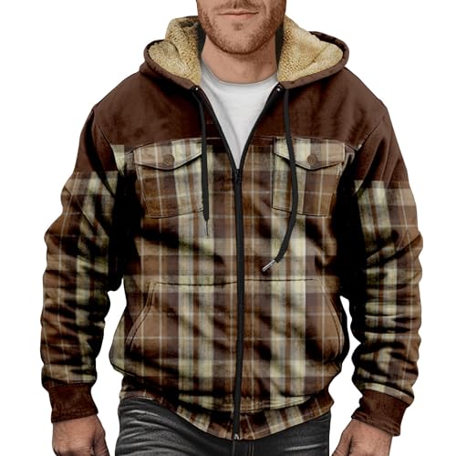 Generisch Jacken Männer Gefüttert, Herren Kariert Hemdjacke Übergangsjacke Mit Kapuze Karrierte Jacket Für Teddyfleece Karo Hemd Flanell Jacke Schwarz Weiß Holzfällerhemd (L, Dark Green) von Generisch