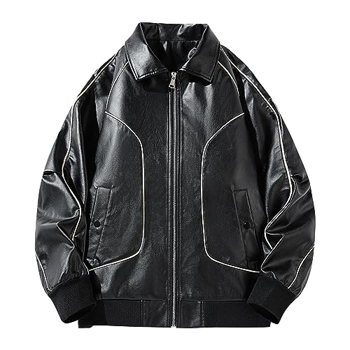 Generisch Jacket For Men, Pu Lederjacke Herren Lose Größe Outdoor Winddicht Motorrad Anzug Leather Jackets Men College Jungen Flecejacken,Herren M Regenjacke Jackets Coat (XL, Schwarz) von Generisch