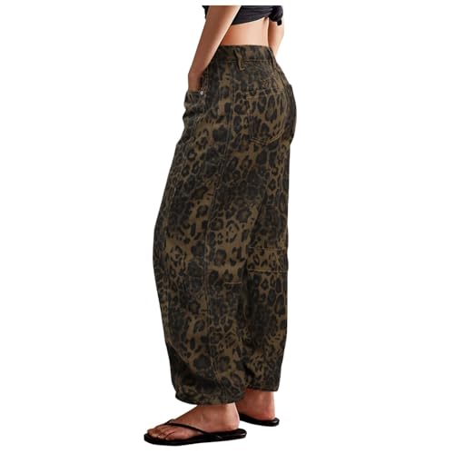 Generisch Jagdbekleidung Damen Hose Röhrenförmige Jeans für Damen mit Leopardenmuster in der Mitte, Röhrenjeans aus Denim, knöchellange Hose, Retro-Casual-Jeans Mountainbike Damen Hose (Gold, S) von Generisch