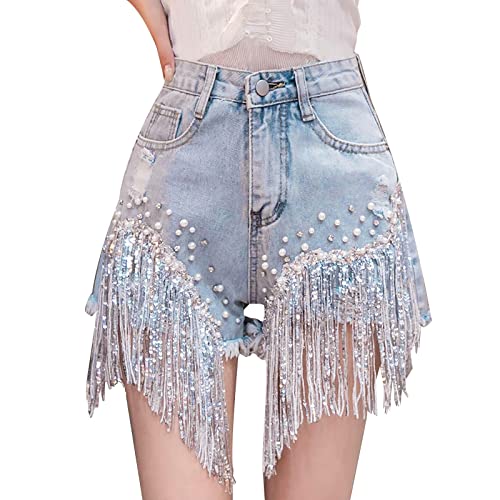 Generisch Jean Shorts Damen mit Strass High Waist Jeansshorts In Lockere Passform Lässig Sommer Hot Pants Denim Hotpants Stilvolle Freizeitliche Bermuda Shorts Weites Bein Kurze Jeanshose mit Taschen von Generisch