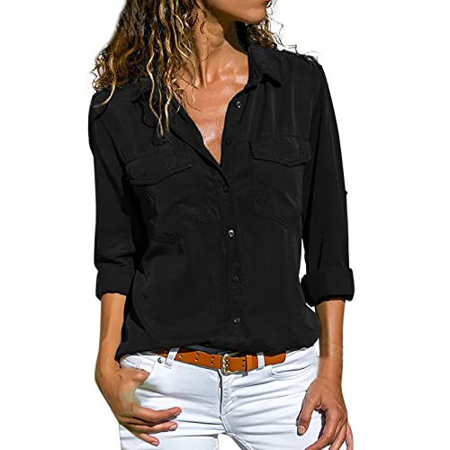Generisch Jeans Bluse Für Damen, Button Down Langarm Casual Elegant Blusenshirt Hemdbluse Modern Oversize Slim Fit Damenblusen Jeanshemd mit Brusttaschen Western Jeansbluse Denim Hemd von Generisch