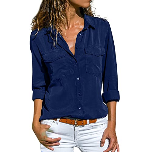 Generisch Jeans Bluse Für Damen, Button Down Langarm Casual Elegant Blusenshirt Hemdbluse Modern Oversize Slim Fit Damenblusen Jeanshemd mit Brusttaschen Western Jeansbluse Denim Hemd von Generisch
