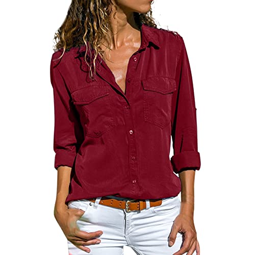 Generisch Jeans Bluse Für Damen, Button Down Langarm Casual Elegant Blusenshirt Hemdbluse Modern Oversize Slim Fit Damenblusen Jeanshemd mit Brusttaschen Western Jeansbluse Denim Hemd von Generisch