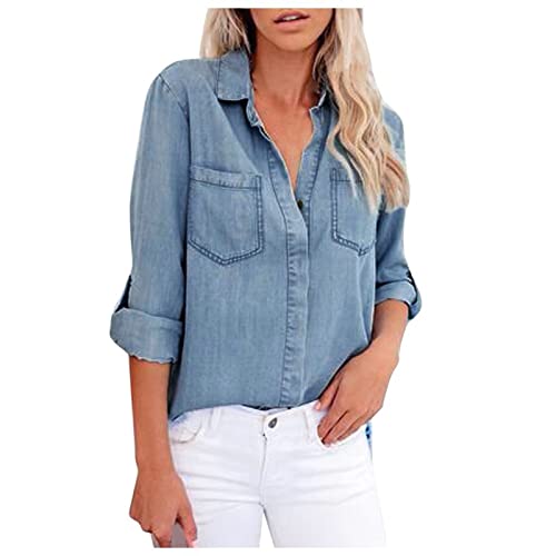 Generisch Jeans Bluse Für Damen, Button Down Langarm Casual Elegant Blusenshirt Hemdbluse Modern Oversize Slim Fit Damenblusen Jeanshemd mit Brusttaschen Western Jeansbluse Denim Hemd Generisch Jeans Bluse Für Damen, Button Down Langarm Casual Elegant Blusenshirt Hemdbluse Modern Oversize Slim Fit Damenblusen Jeanshemd mit Brusttaschen Western Jeansbluse Denim Hemd von Generisch