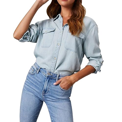 Generisch Jeans Bluse Für Damen, Button Down Langarm Casual Elegant Blusenshirt Hemdbluse Modern Oversize Slim Fit Damenblusen Jeanshemd mit Brusttaschen Western Jeansbluse Denim Hemd von Generisch