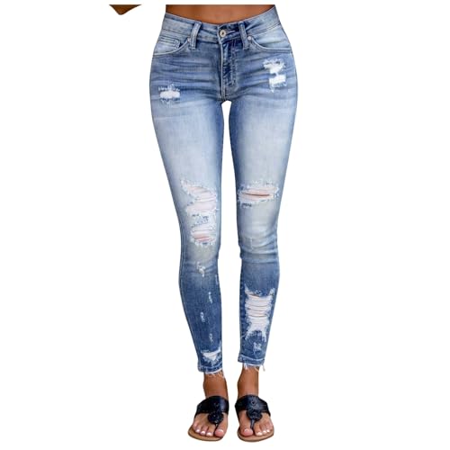 Jeans Damen Löcher Bootcut Röhrenjeans Lässige Strecken Denim Hose Rissen Ankle Denimhose Knopfleiste Boyfriend Jeanshose Einfarbig Straight Leggings mit Löchern von Generisch