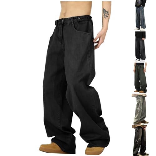 Generisch Jeans Herren Baggy Cargohose Hip Hop Sommer Cargo Jeanshose Loose Fit Freizeithose Denim Stoffhose Sommerhose Breite Herrenjeans Weites Bein Hose Männer Y2k Streetwear Schwarz 3XL von Generisch