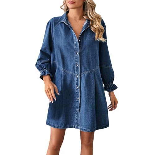 Generisch Jeans Kleid Für Damen jeanskleid Damen Sommer Langarm Jeans Kleid blusenkleid Knielang Oversize jeanshemd Casual hemdblusenkleid Freizeitkleid M von Generisch