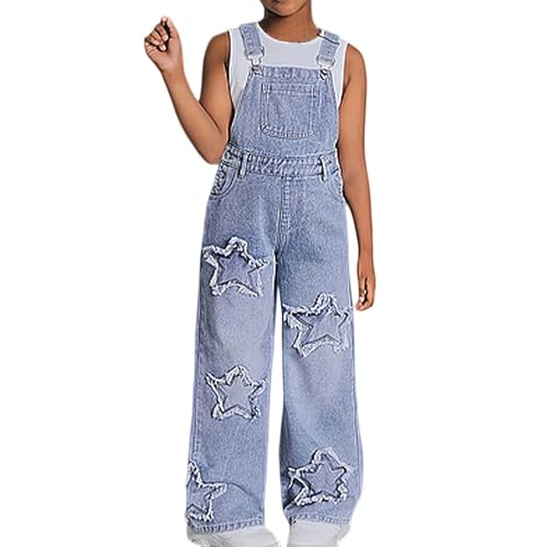 Generisch Jeans Latzhose Mädchen Schnall Jumpsuit Und Strampler Overalls Blau Denim Langarmhose Mit Verstellbaren Hosenträgern Sternenmuster Patchwork Denimhose Jeanshose Freizeithose Light Blau 140 von Generisch