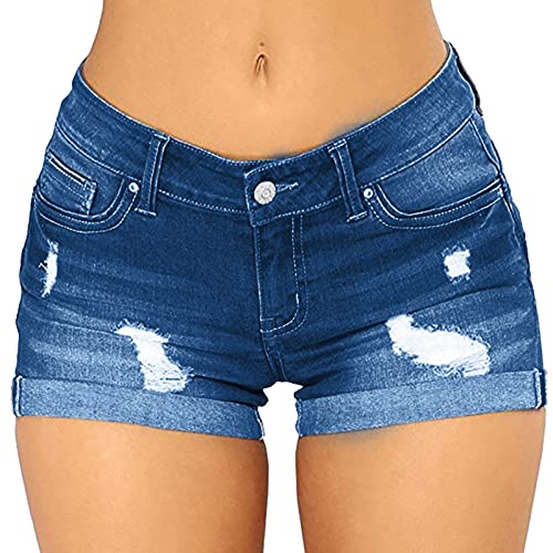 Generisch Jeans Shorts Damen Basic Jeans Kurze Hosen High Waist Kurze Hose Hotpants Shorts Kurze Jeans Strecken Zerrissen Rollsaum Waschung Jeans Shorts mit Taschen(E Hellblau,S) von Generisch