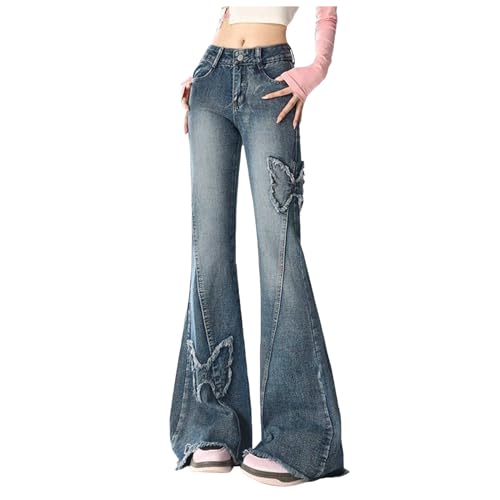 Generisch Jeans für Damen, Schmetterlings-Low-Rise-Jeans, Vintage-Jeans im Used-Look, Vintage-Baggy-Hose Hose Damen 44 (Blue, S) von Generisch