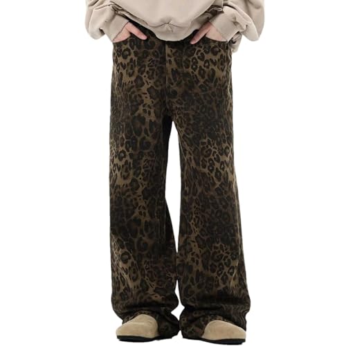 Generisch Jeans mit Leopardenmuster,Jeans mit Leopardenmuster - Hose mit geradem Bein,Cargohose mit Leopardenmuster für Damen, Cargohose mit weitem Bein für Herren, Jeans mit hoher Taille von Generisch