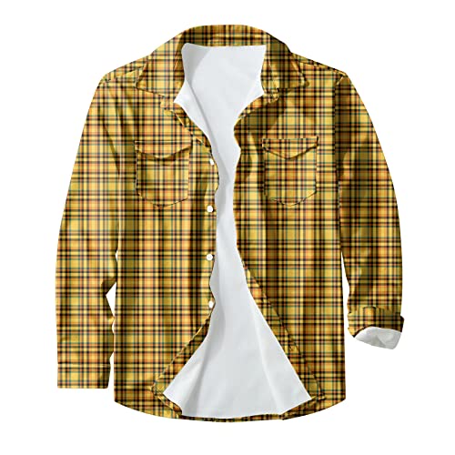 Generisch Jeanshemd Herren, Kariertes Regular Fit Hemd Langarm Button Down Freizeithemd Shirt Manschettenknöpfe (4XL, Yellow) von Generisch