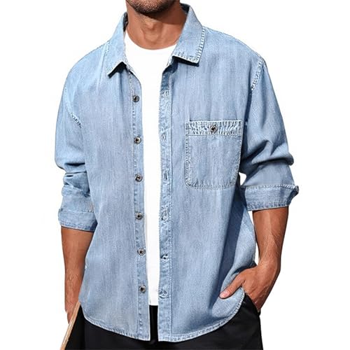 Generisch Jeanshemd Jeansmantel Herren Baggy Casual Denimjacke Revres Langarm Freizeitjacke Modisch Frühling Jeansjacke Retro Outdoor Arbeitsjacke Denimmantel im Used Look Motorradjacke von Generisch