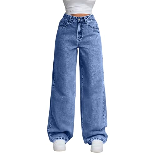 Generisch Jeanshose Damen Wide Leg Hose Baggy Jeans Straight Jeanshosen High Waist Palazzo Hose Weites Bein Stoffhose Hosenanzug Elegant Freizeithosen mit Taschen Dark Blue L von Generisch