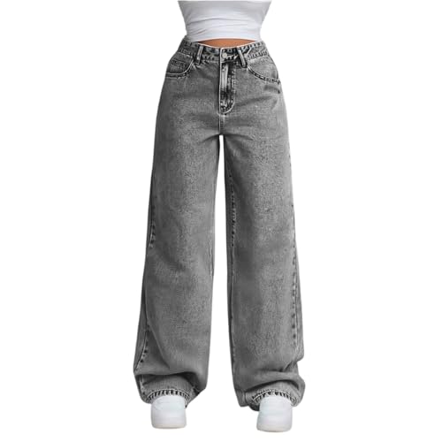 Generisch Jeanshose Damen Wide Leg Hose Baggy Jeans Straight Jeanshosen High Waist Palazzo Hose Weites Bein Stoffhose Hosenanzug Elegant Freizeithosen mit Taschen Light Gray XXL von Generisch