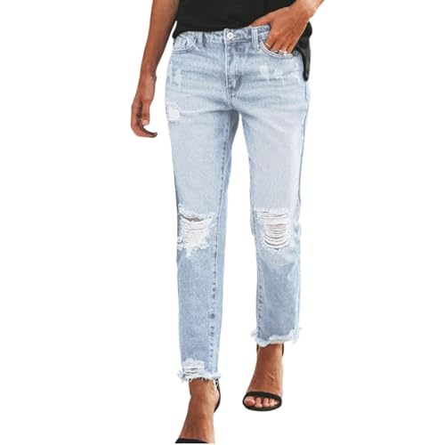 Generisch Jeanshosen Damen High Waist Damenjeans Vintage Ripped In Schmaler Passform Boyfriend Jeans Saum Washed Straight Leg Denimhose Outdoor Streetwear Casual Leggings Mit Taschen,S-XXL von Generisch