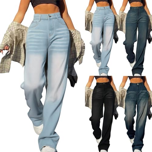 Generisch Jeanshosen Damen High Waist Weites Bein Damenjeans Stretch Lockere Bequeme Denimhose Einfarbig Leichte Y2K Boyfriend Jeans Outdoor Streetwear Casual Freizeithose Mit Taschen,S-3XL von Generisch