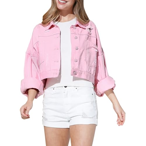 Generisch Jeansjacke Damen Kurz Button Down Jeansbluse Langärmelig Jeansjacke mit Brusttaschen Strass Fransen Ripped Denim Jacken Y2K-Ins-Stil Kurze Jacket Top Modischer Trend Revers Übergangsjacke von Generisch