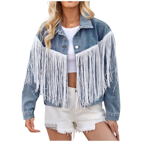 Generisch Jeansjacke Damen Kurz Langärmlige Jeanshemd Dünne Übergangsjacke Übergang Jeansjacke Oversize Jeansjacken Stretch Ausgefallene Jeansblazer Slim-Fit Fransen Jeansbluse Mit Taschen Jeansweste von Generisch