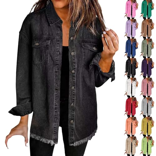 Generisch Jeansjacke Damen Lang, Regenjacke Damen Wasserdicht, Oversize Denim Jacke Frayed Hem Übergangsjacke Leichte Sommerjacke Jeansjacken Frühjahr Sommer Jacke Freizeitjacke, Reise Must Have von Generisch