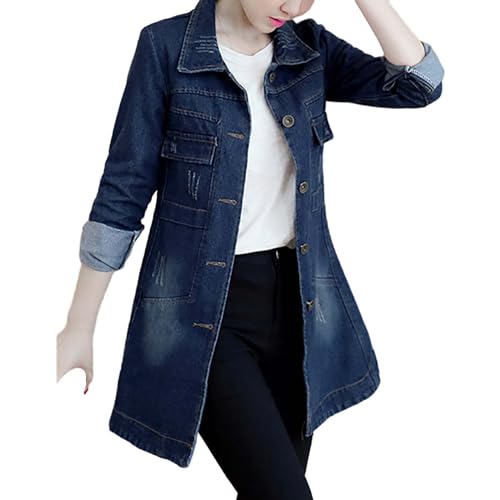 Generisch Jeansjacke Damen Lang - Jean Mantel Moden Einfarbig Umlegekragen Trenchcoat Sitzender Einreihig Übergangsmantel Lange Ärmel Jeansjacke mit Taschen Leichte und Hochwertige Outdoor Jacken von Generisch