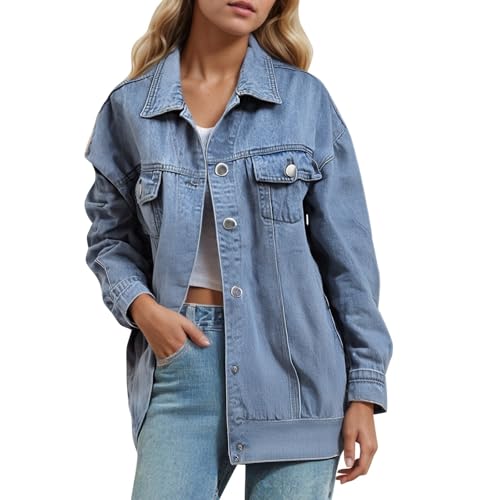 Generisch Jeansjacke Damen Oversize, Jeansjacke Damen Kurze Jacke Denim Jean Mantel Outwear Frühlingsjacke Mit Knöpfen Sommerjacke Distressed Authentics Jean-Jacket Oversized Leichte üBergangsjacke von Generisch