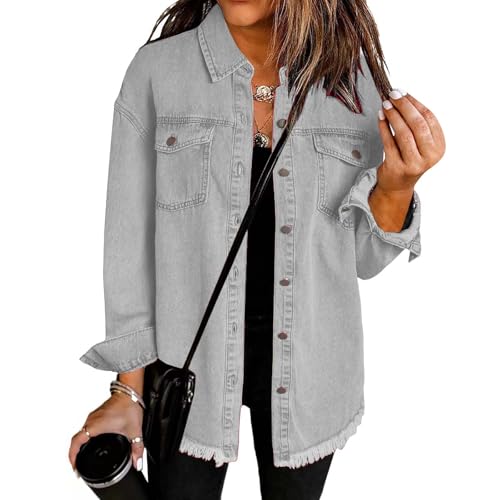 Generisch Jeansjacke Damen Oversize Übergangsjacke Vintage Lässige Langarm Denim Jacken mit Tasche Herbst Winter von Generisch