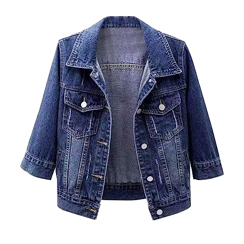 Generisch Jeansjacke Damen Retro 3/4-Ärmel Farbige Cropped-Jeansjacke Kurz Elegant Leichte Sommerjacke Denim-Jacket GroßE GrößEn Herbst Winter Button Streetwear Übergangsmantel,BU1,3XL von Generisch