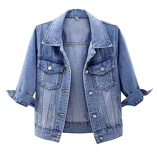 Generisch Jeansjacke Kurz Damen 3/4 Ärmel Farbige Cropped Jeansjacke Helle Waschung Kurze Jeansjacke Trucker Mantel Jeansjacke Tailliert Damen Schwarz von Generisch