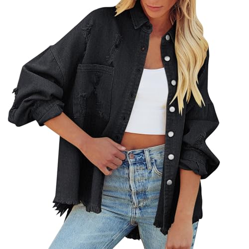 Generisch Jeansjacke Schwarz Damen, Jeansjacke Damen Kurze Jacke Denim Jean Mantel Outwear Frühlingsjacke Mit Knöpfen Sommerjacke Distressed Authentics Jean-Jacket Oversized Leichte üBergangsjacke von Generisch